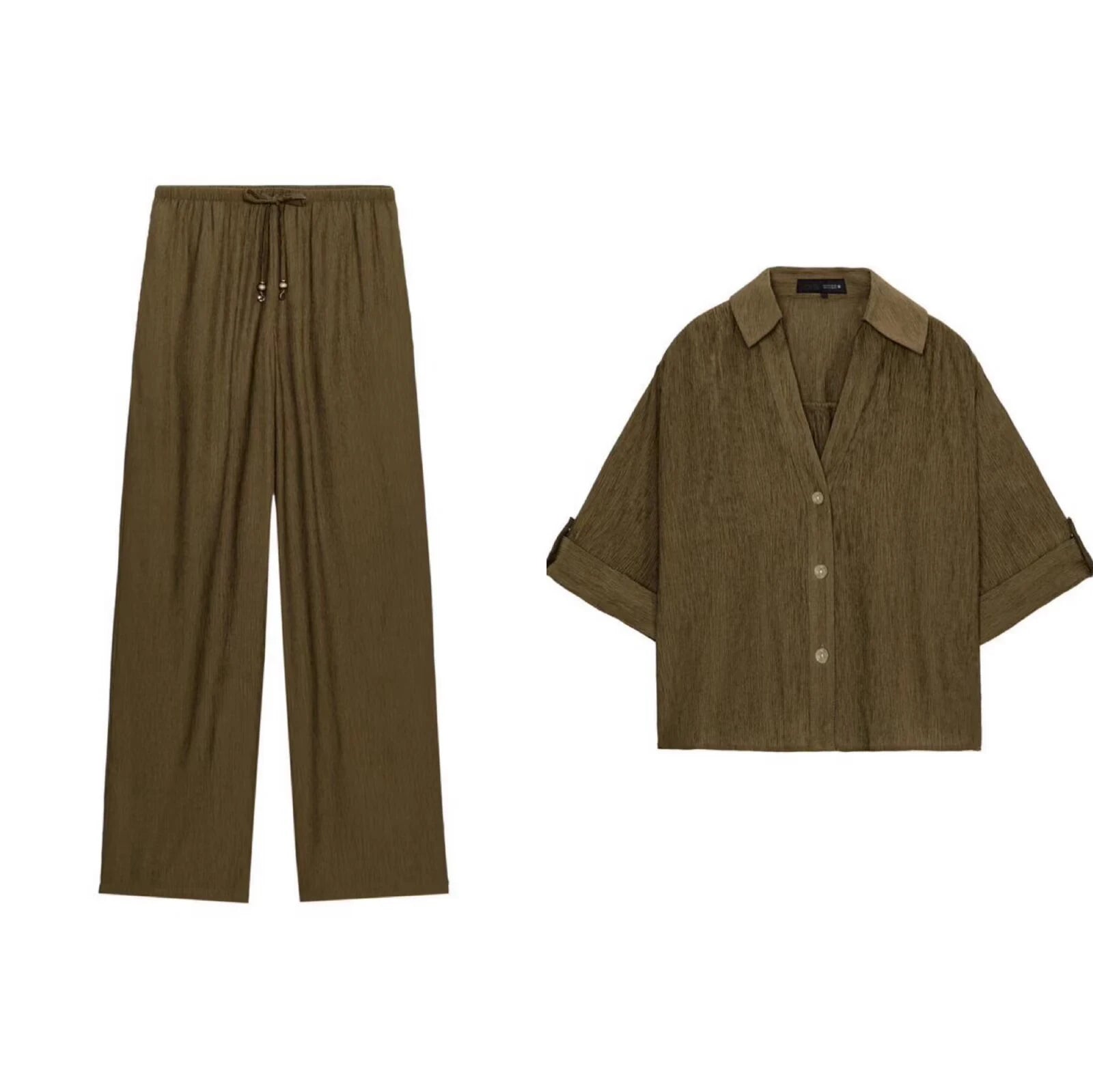 Summer women's collar short sleeved casual drape shirt high waist elastic waist long straight leg pants set