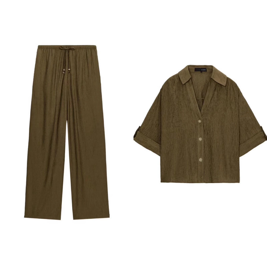 Summer women's collar short sleeved casual drape shirt high waist elastic waist long straight leg pants set
