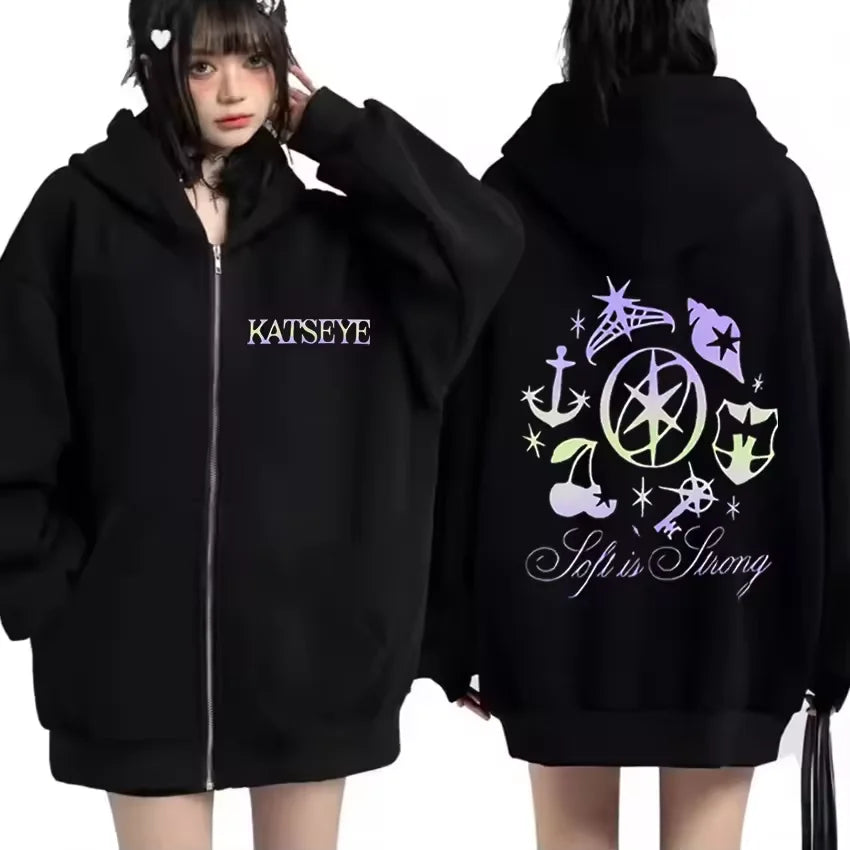 Katseye Graphics tracksuit vintage Hoodie Men Women 2026 tops Fleece fashion clothes Hip Hop Coat Zip Up Jacket Loose streetwear
