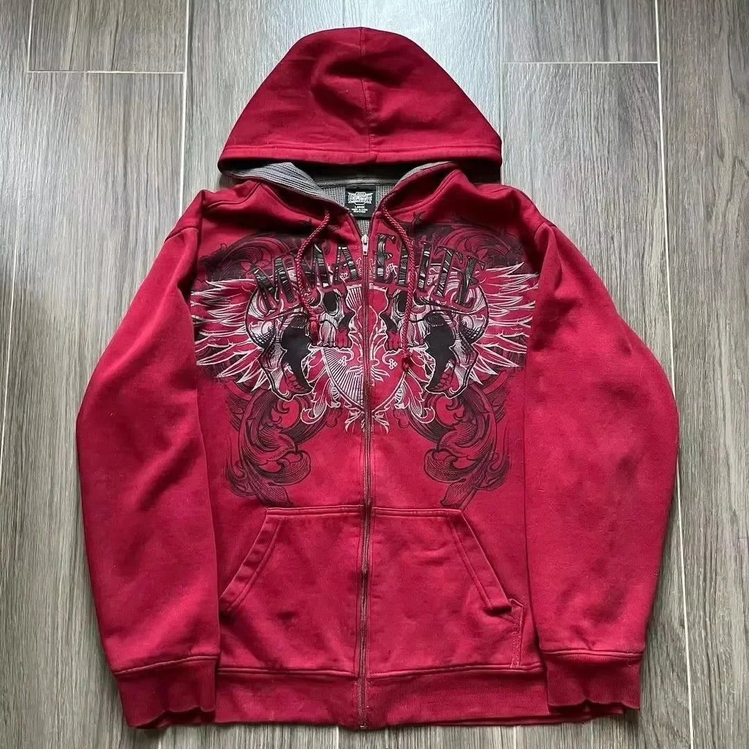 2000s Fashion New Cotton Red Couple zipper Hoodies vintage elite full Zip Hoodie Sweatshirt Size Skull Snake Red Y2K sweatshirts