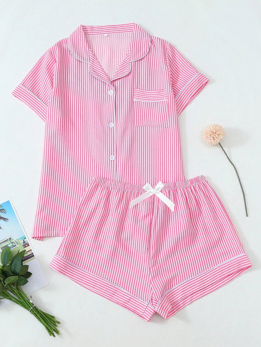 Women Pajamas Set Summer Ladies Plaid Print Casual Pajama Set, Short Sleeve Collar Top and Shorts Casual Comfy Loungewear