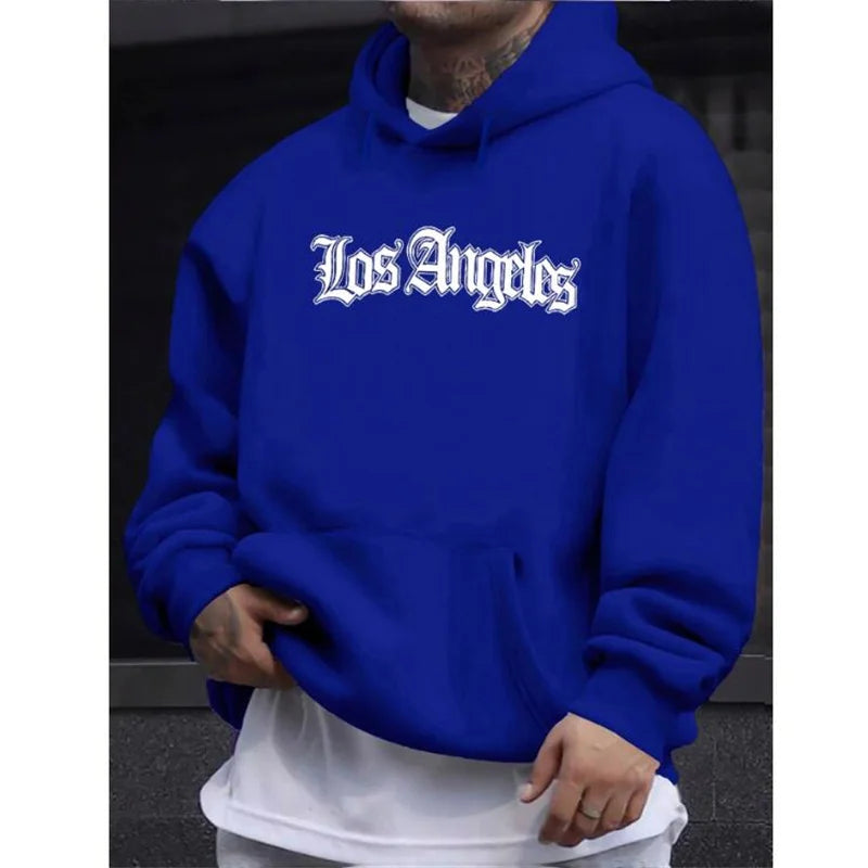 Men's Autumn and Winter Casual Fashion Loose Hoodie Los Angeles Letter Printed Long Sleeved Warm Pullover Sweater