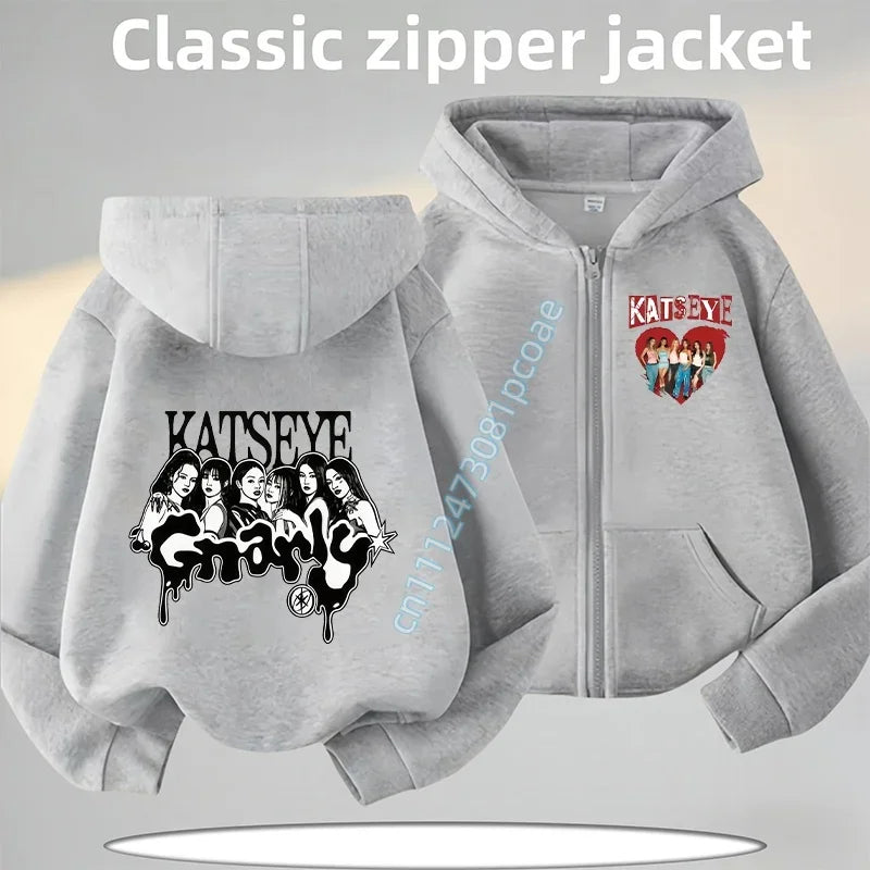 KATSEYE Children's Zippered Pullover Hoodie Boys' Sport Shirt Girls' Casual Top Cartoon Print 2026 New Fall/Winter Coat