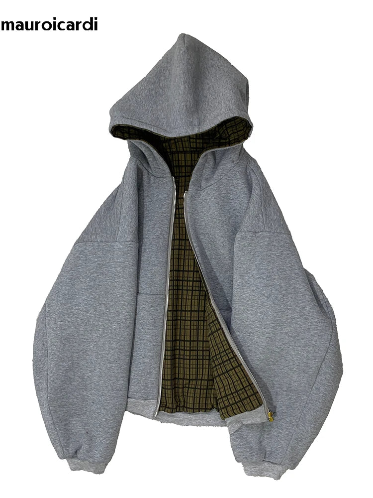 Mauroicardi Autumn Oversized Reversible Hoodies Men Loose Casual Luxury Designer Clothes Hoodie with Plaid Lining Sweatshirt