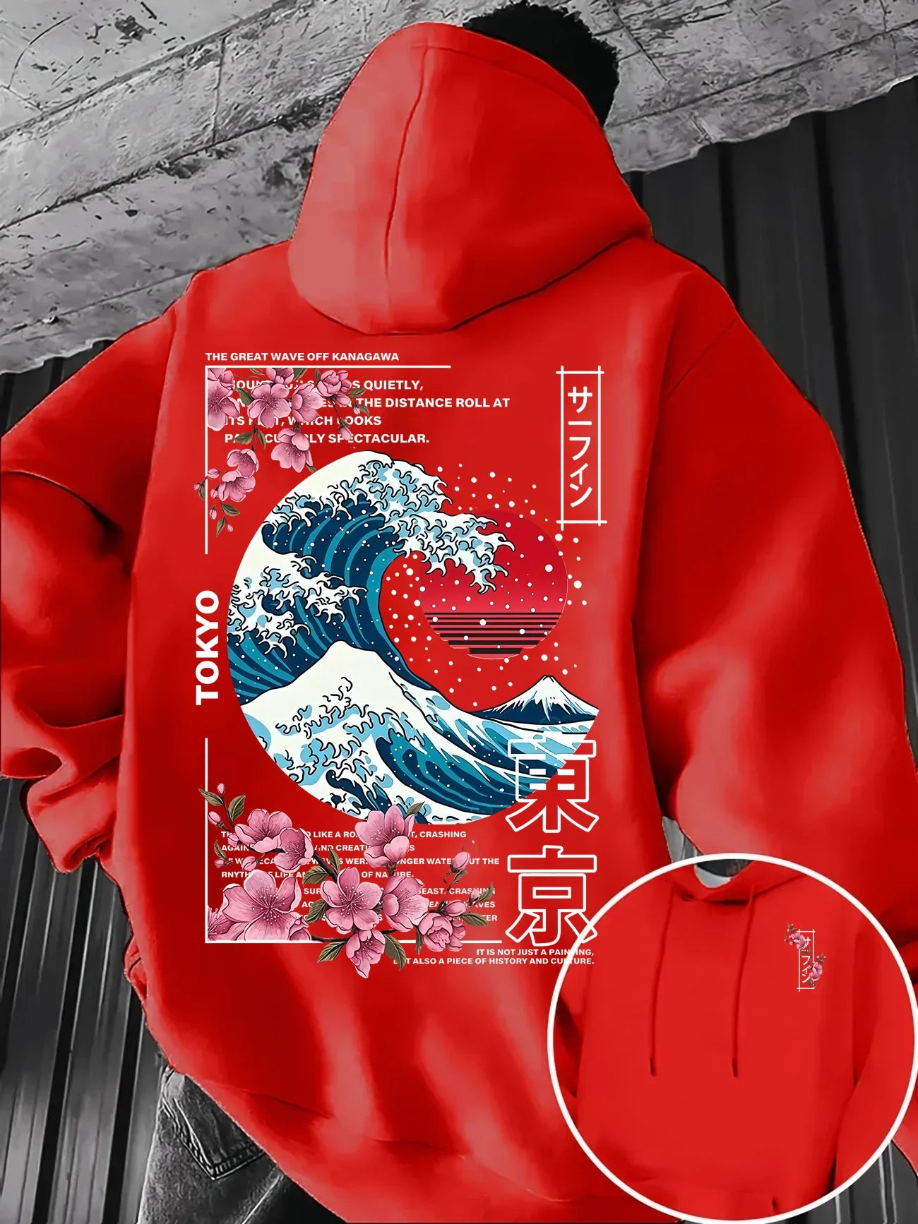 Ukiyo-E Great Wave Kanagawa Hoodie Men Aesthetic Sakura Tokyo Letter Graphic Sweatshirt Oriental Vintage Daily Hooded Pullover