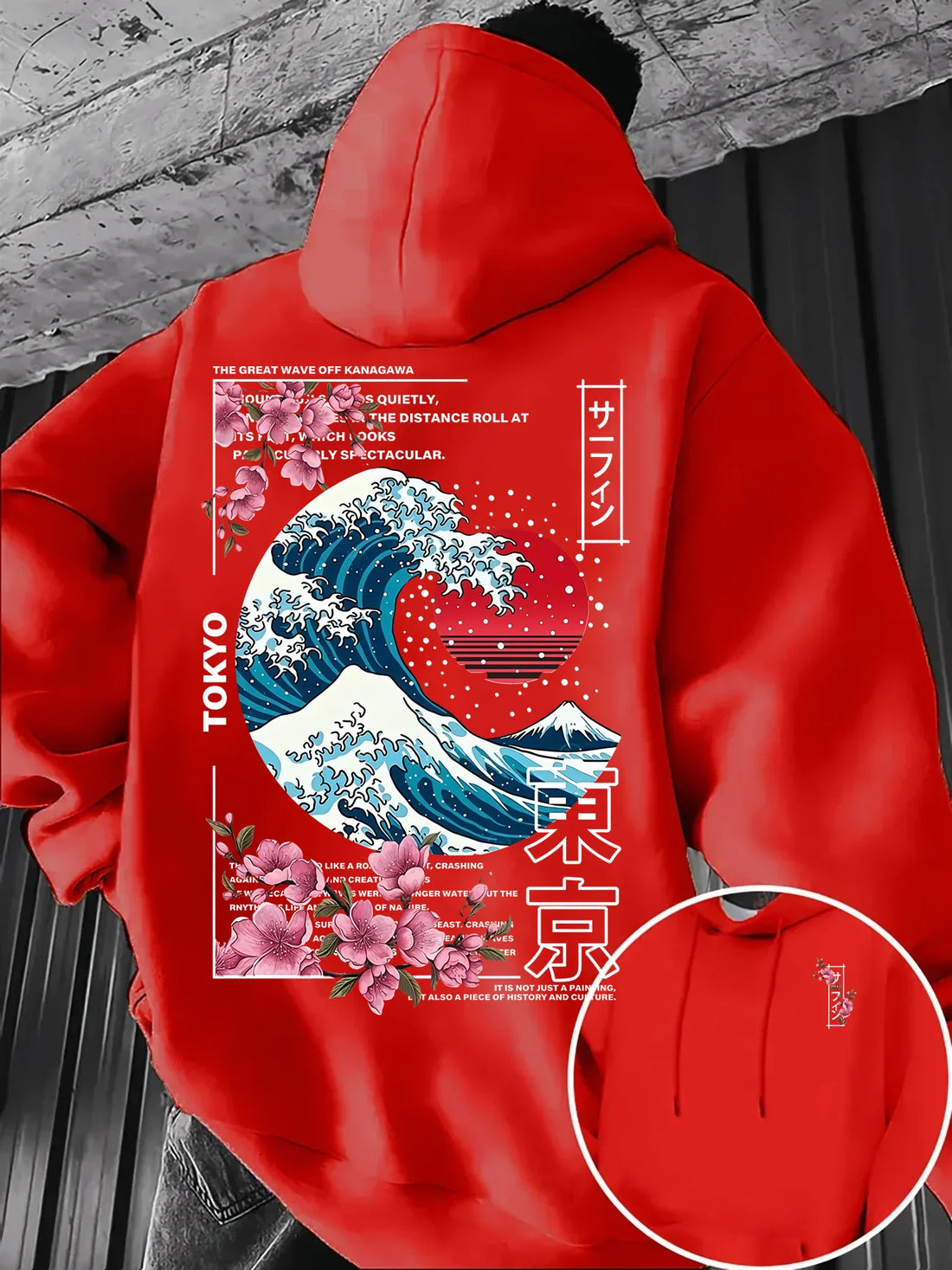 Ukiyo-E Great Wave Kanagawa Hoodie Men Aesthetic Sakura Tokyo Letter Graphic Sweatshirt Oriental Vintage Daily Hooded Pullover