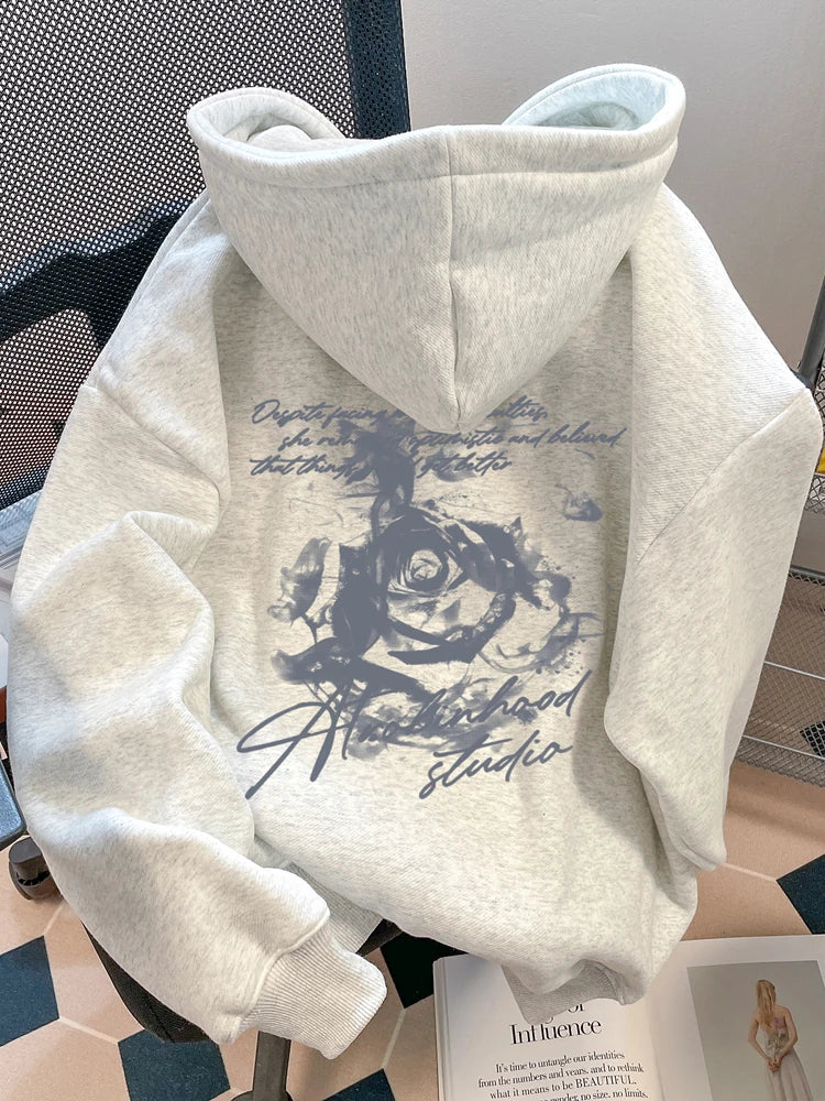 Letter Rose Print Hoodie Men Women Outdoor Street Sports Casual Fashion Trend Long-sleeve Sweatshirt Autumn Winter Top Clothes