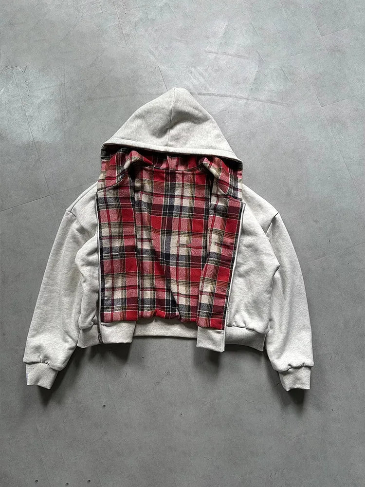 Winter Casual Plaid Print Hoodie Women's Warm Zip-Up Double-Sided Wear Sweatshirt Female Fashion Trendy Loose Hooded