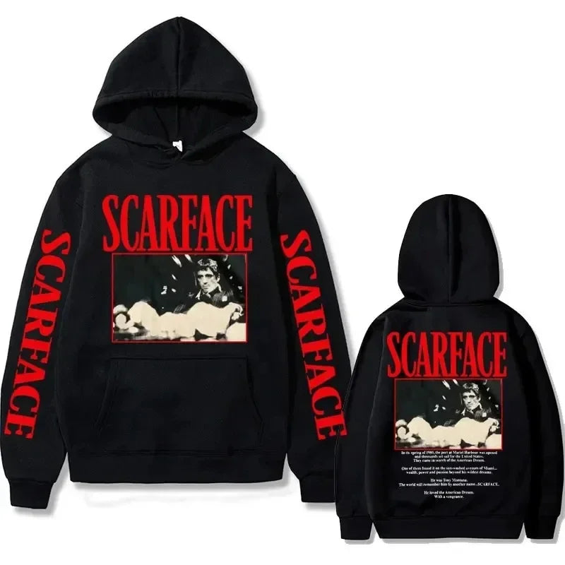 Retro 90s movie Scarface star Tony Montana hoodie, street American retro trend pullover, hip-hop fashion, oversized sportswear