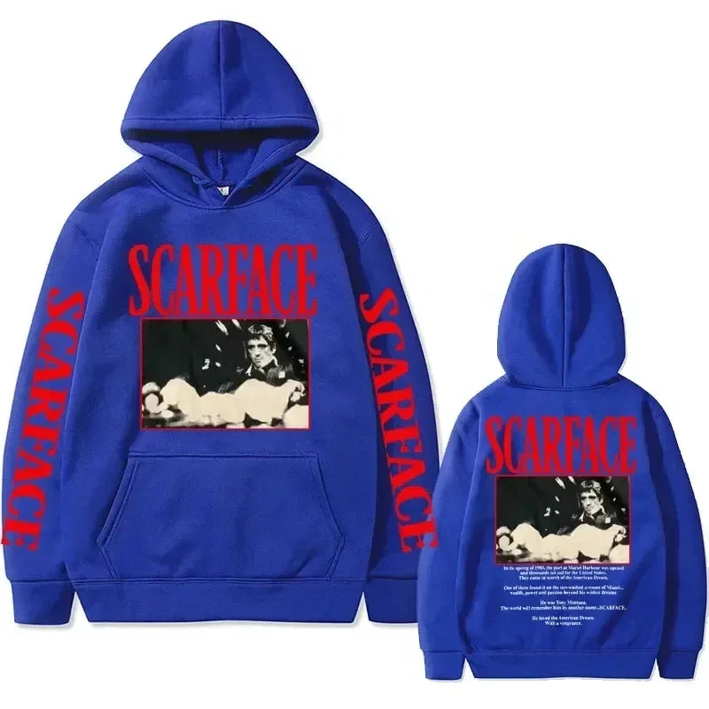 Retro 90s movie Scarface star Tony Montana hoodie, street American retro trend pullover, hip-hop fashion, oversized sportswear
