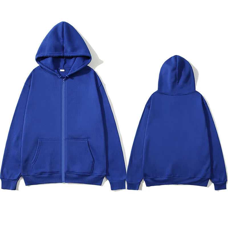 Oversized Unisex Hoodie, Solid Color Zip Up Jacket, Casual Street Trendy Plain Hooded Sweatshirt