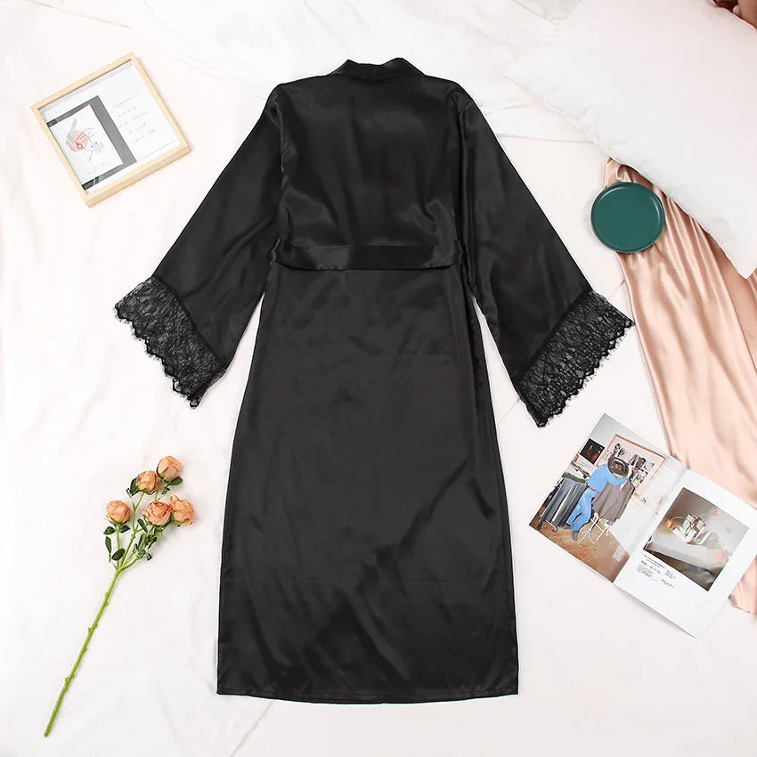 Sexy Women's Silk Satin Long Bathrobe Romance Lace Edge Kimono Robe Nightdress Nightgown Nightwear Sleepwear Home Clothes Female