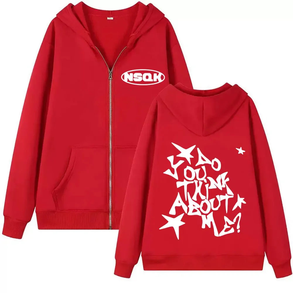 Rapper Nsqk Aoou Thnk about Me Album 2025 Zip Up Hoodie Men Women Hip Hop Zipper Sweatshirts Casual Harajuku Long Sleeve Hoodies