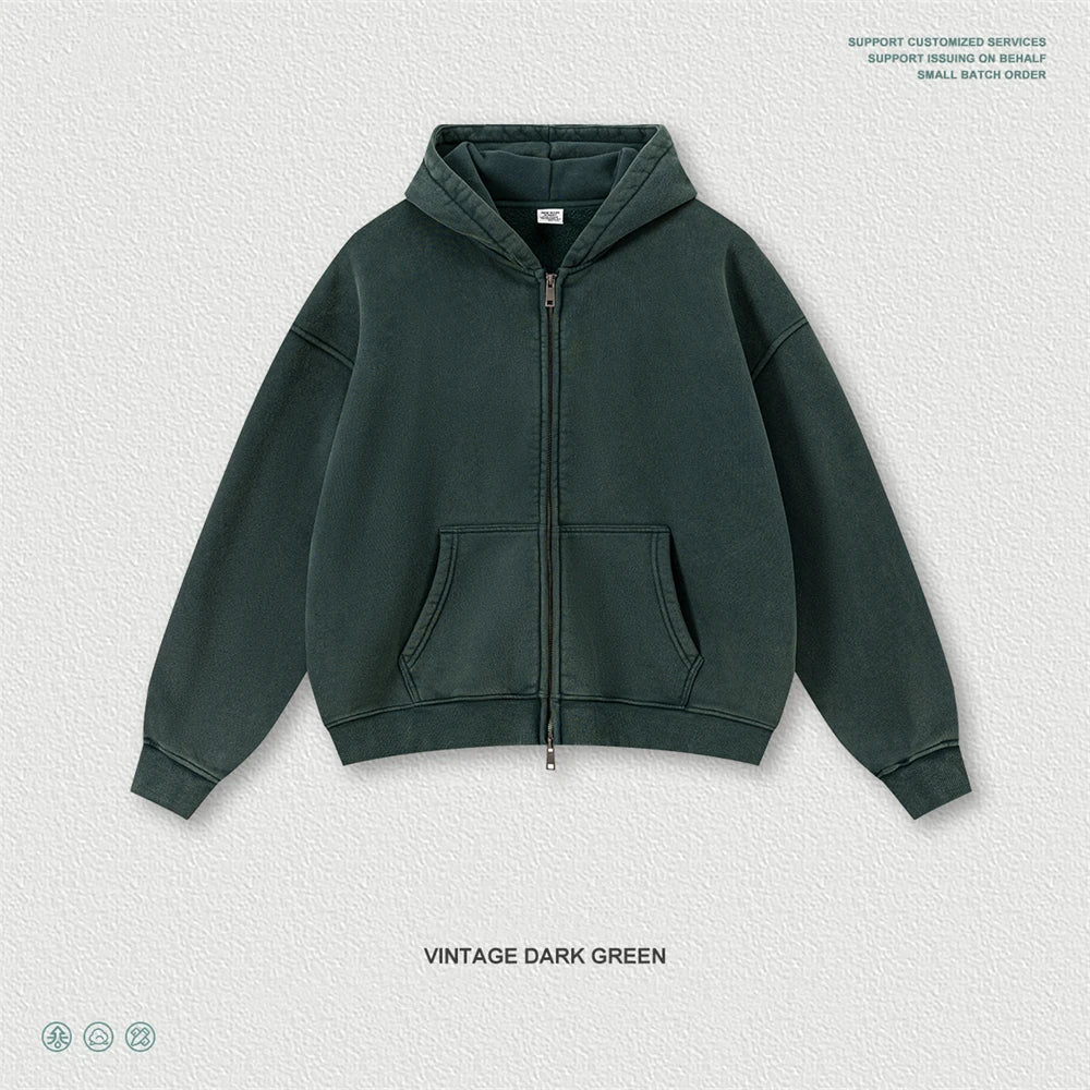 ZODF Retro Washed Man Boxy Fit 400gsm Fleece Zipper Hoodie Unisex Distressed Loose Warm Hooded Coat Jacket Brand Outwears HY1184