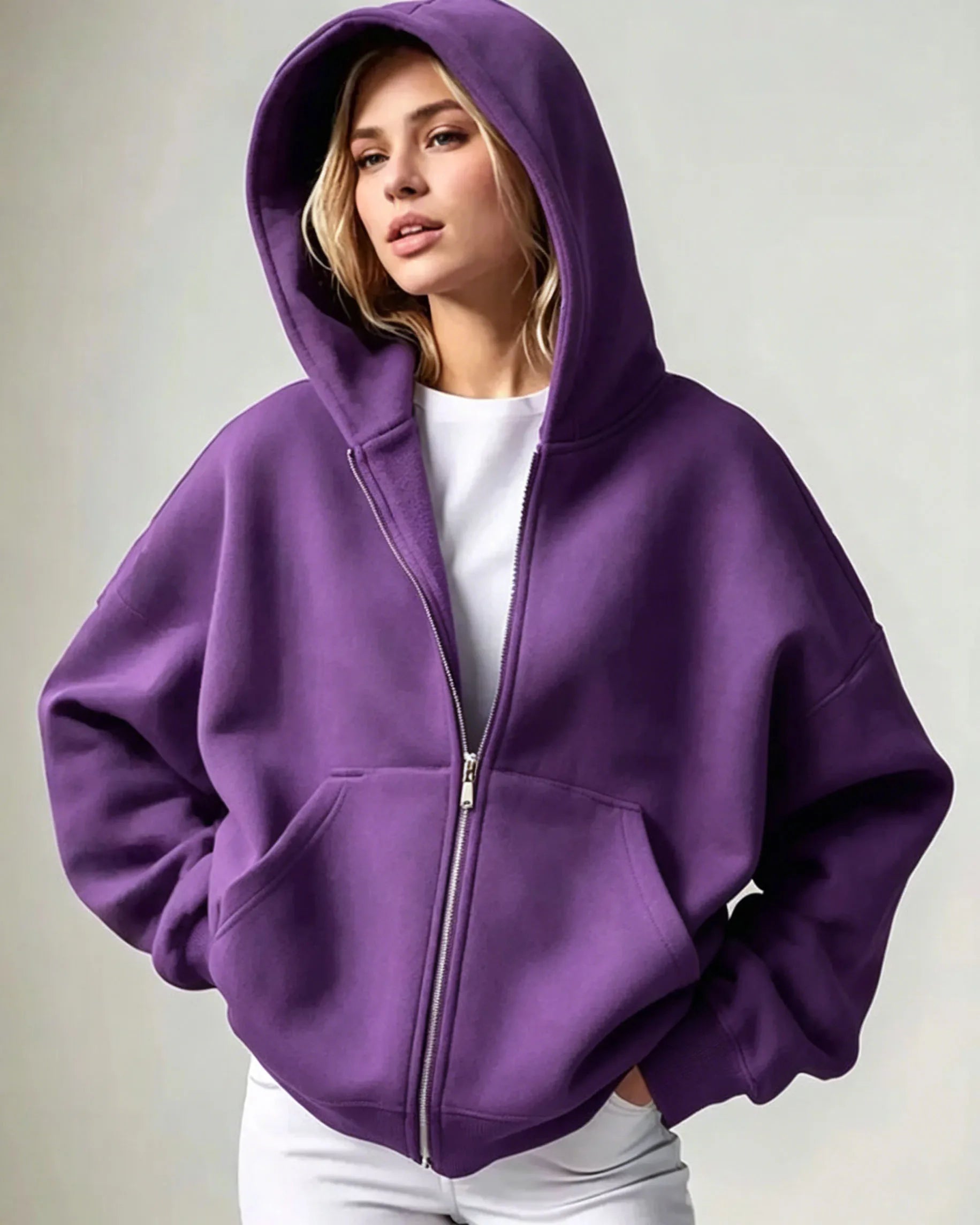 Women Solid Full Zip Up  Hoodie Casual Loose Pocket Hooded Jacket  Soft Long Sleeve Sweatshirt Autumn Winter couple Outerwear