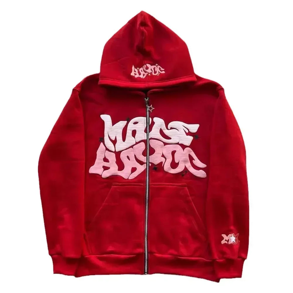 Hooded zipper hoodie with retro American-style letters, unisex, suitable for pairing with a millennial-style jacket