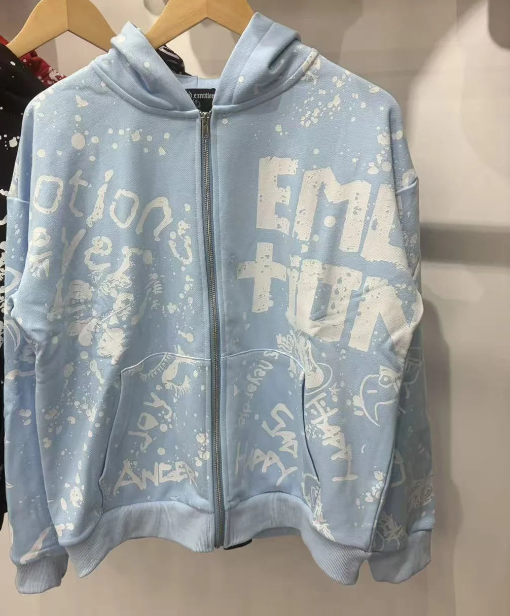 Fashionable Zip-Up Jacket, High Quality, 450g Heavyweight Pure Cotton Terry Fabric, White Ink Direct Printing, Middle Eastern Glass Rhinestones, Full Print, Hand-Applied Rhinestones
