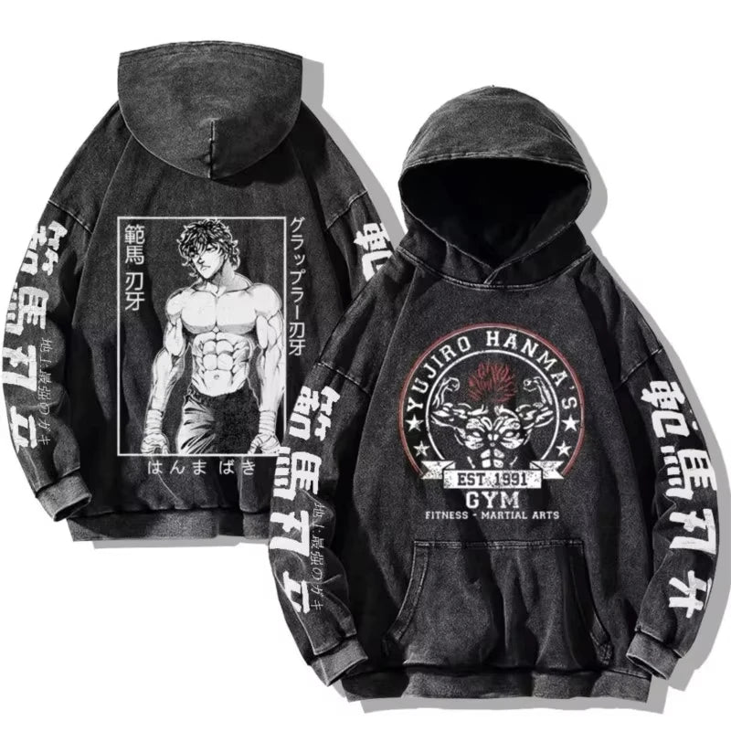 Baki Hanma Anime Print Hooded Men Women Vintage Trendy Hoodies Plus Size Washed Cotton Sweatshirt Harajuku Unisex Streetwear