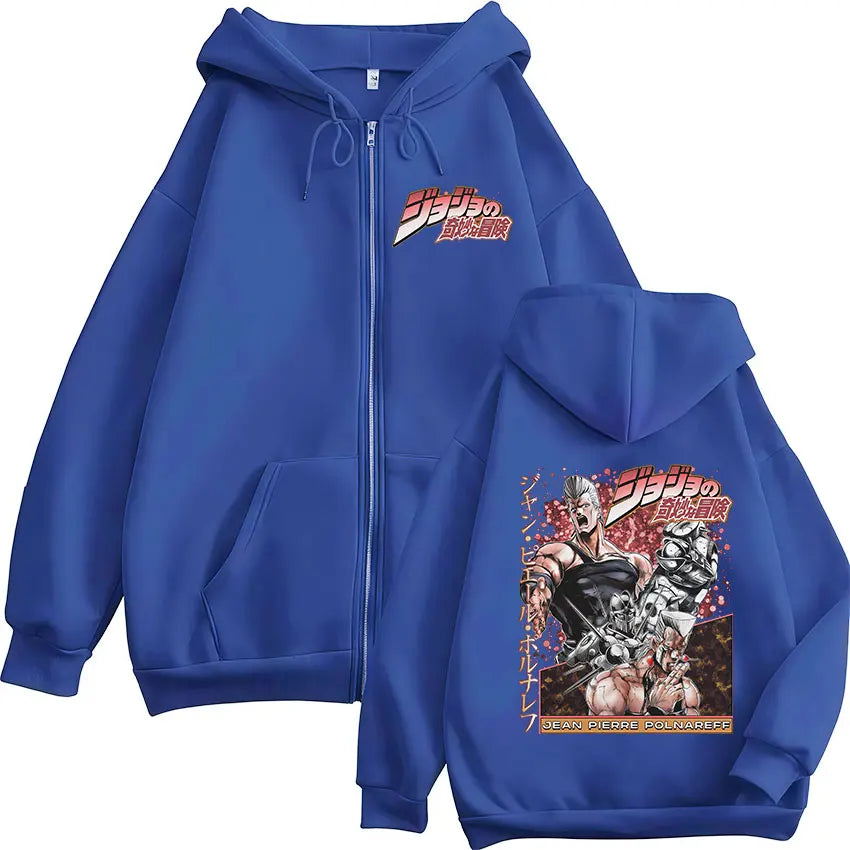 Anime JoJo Bizarre Adventure Jan Pierre Polnareff Zipper Hoodies Men Women Clothing Fashion Hip Hop Zip Up Sweatshirts Jackets