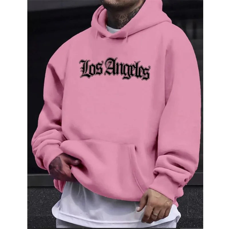Men's Autumn and Winter Casual Fashion Loose Hoodie Los Angeles Letter Printed Long Sleeved Warm Pullover Sweater