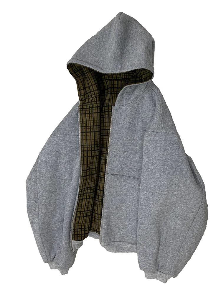 Mauroicardi Autumn Oversized Reversible Hoodies Men Loose Casual Luxury Designer Clothes Hoodie with Plaid Lining Sweatshirt