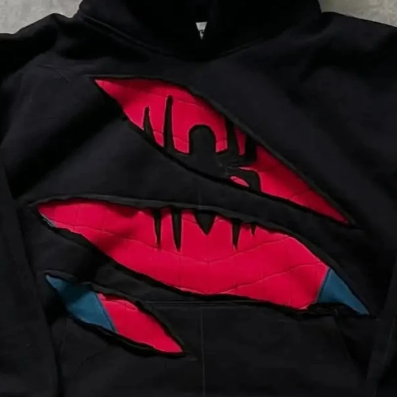 Mens Hoodie American Retro Spider Patchwork Zip Up Sweatshirt Harajuku Unisex Oversized Loose Fit Gothic Y2K Streetwear Fashion