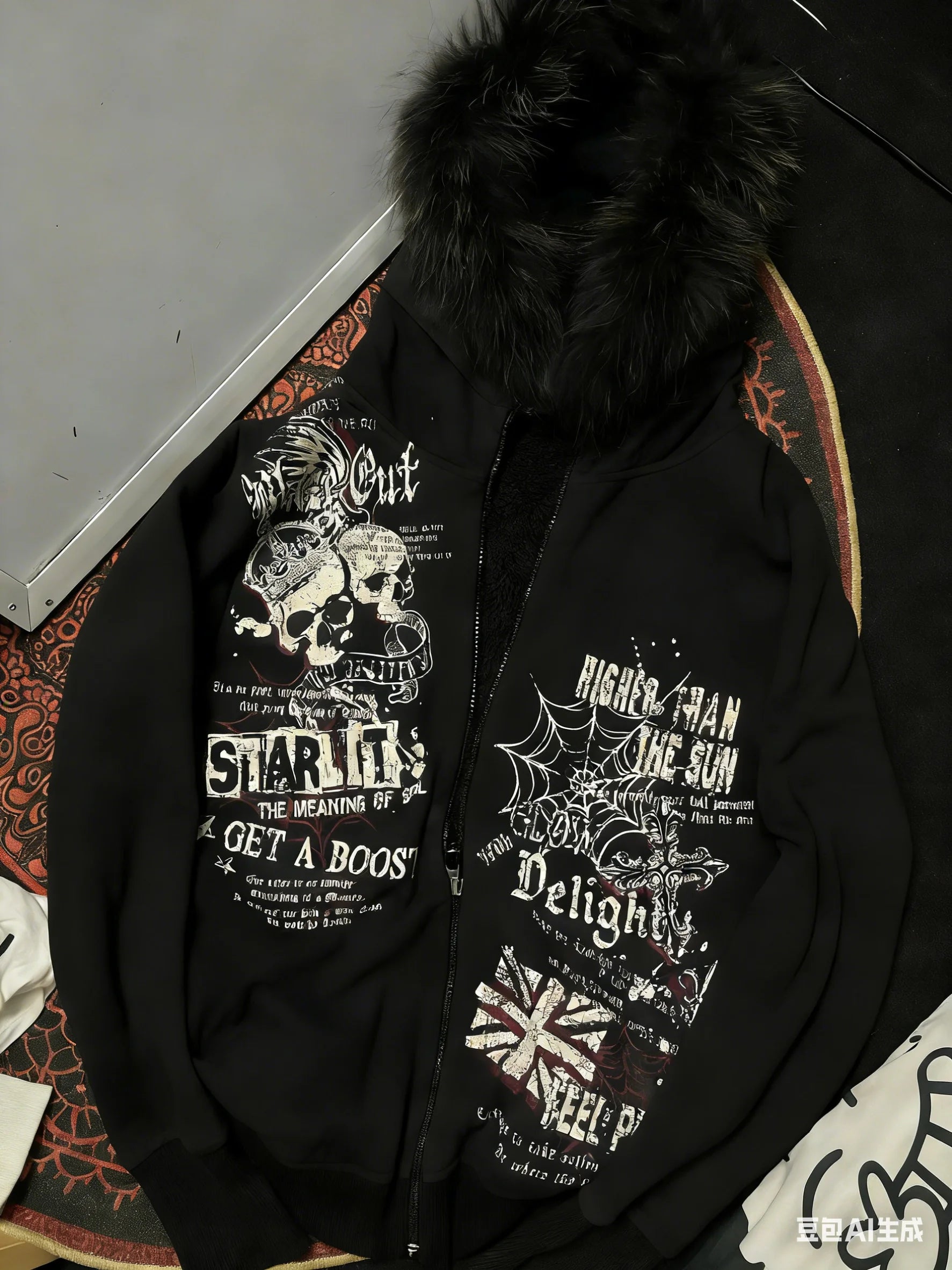 Y2K Fur collar sweatshirt Gothic Retro Pattern Super Dalian Hat Zipper Sweatshirt Trend Men Women Fashion Casual Streetwear