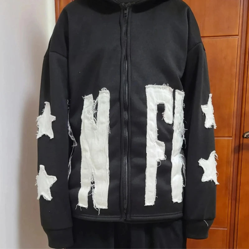 Autumn And Winter Hoodie Patchwork Letter Star Pattern Long Sleeved Pullover Hoodie Harajuku Fashionable Loose Versatile Jackets