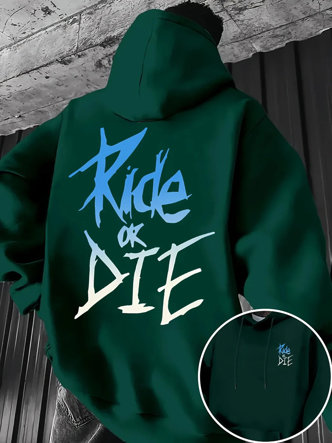 Graffiti print "RIDE OR DIE" street style, 100% polyester fiber, kangaroo pocket&adjustable drawstring black, blue and white des