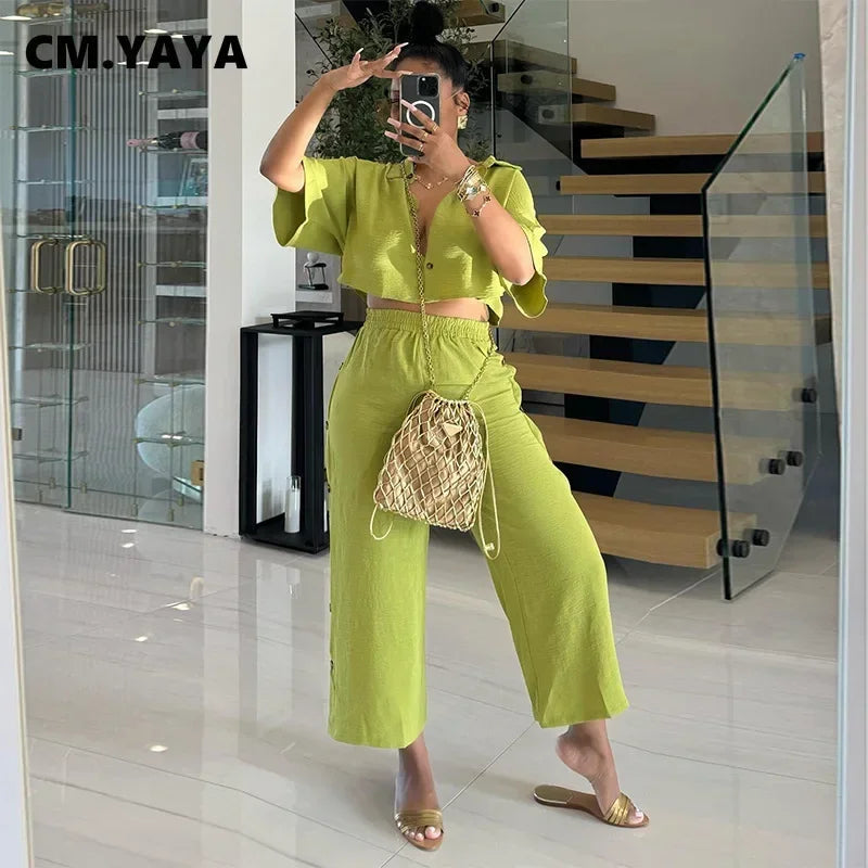 CM.YAYA Fashion Women's Set Short Sleeve shirt Blouses and Button Splicing Side Wide Leg Pants Suits 2024 Two 2Piece Set Outfits