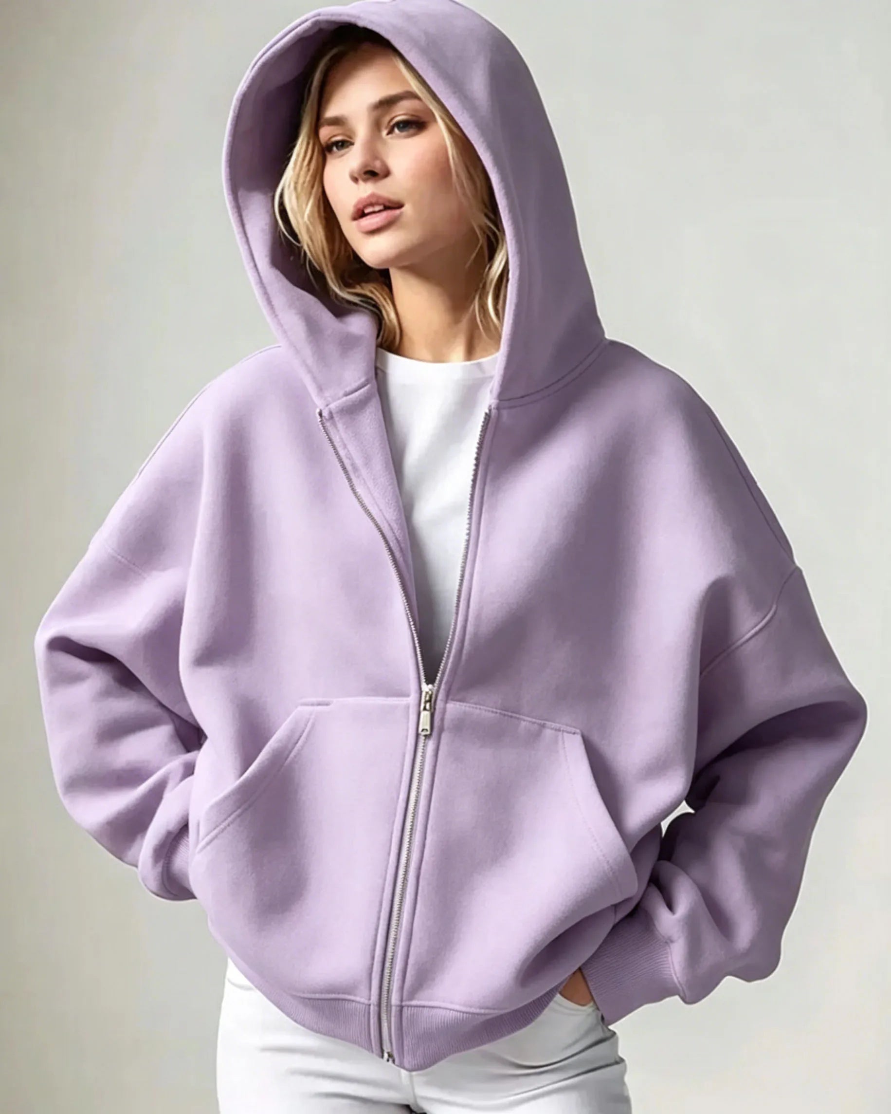 Women Solid Full Zip Up  Hoodie Casual Loose Pocket Hooded Jacket  Soft Long Sleeve Sweatshirt Autumn Winter couple Outerwear