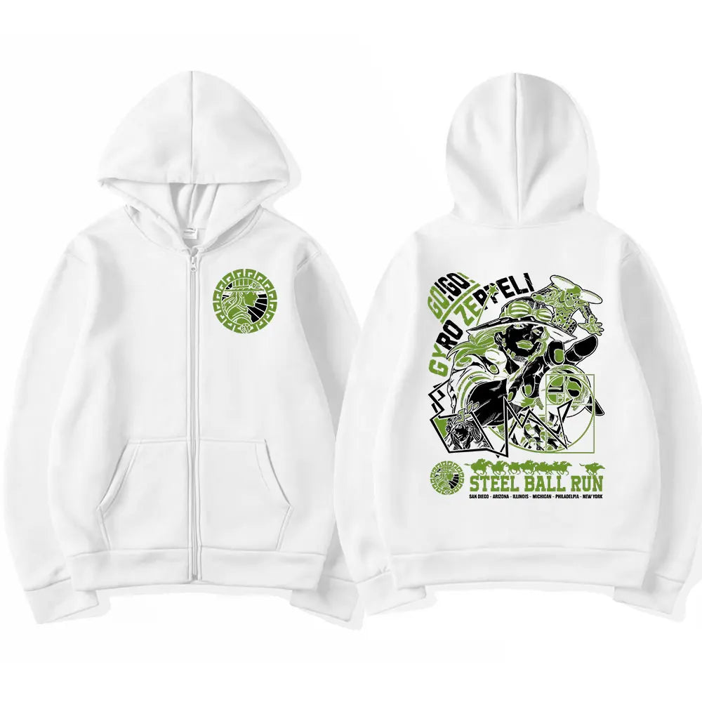Anime Jojo Bizarre Adventure Zipper Hoodies Gyro Zeppeli STEEL BALL RUN Manga Zip Up Hooded Sweatshirts Men Casual Pullover Coat