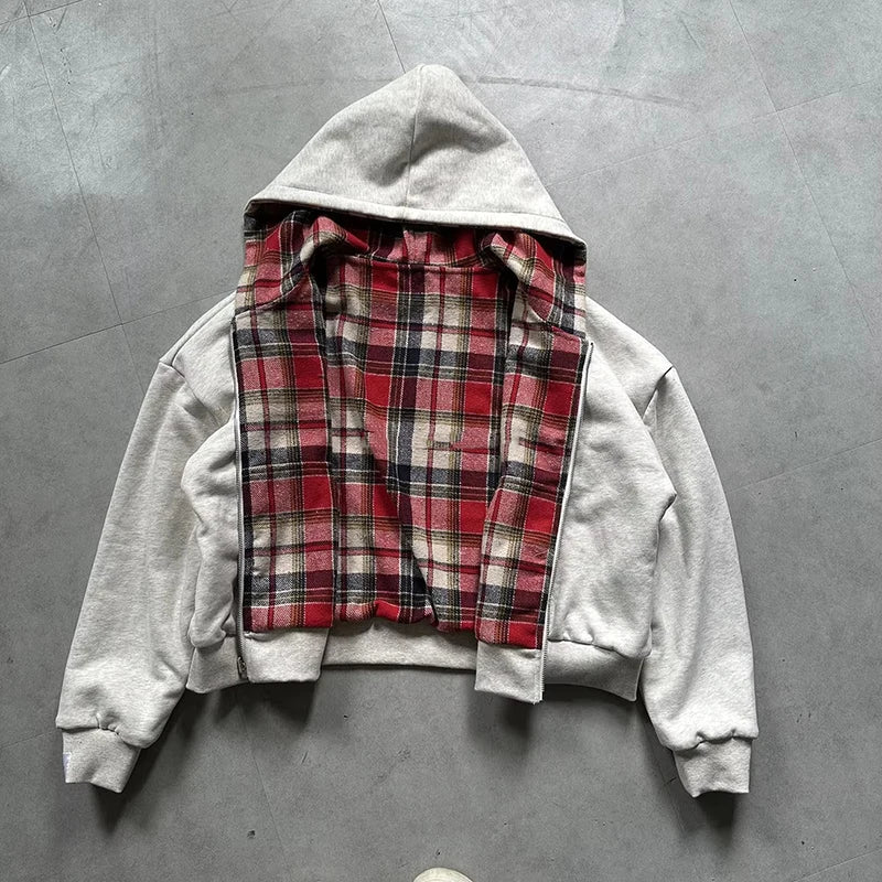 Fashion Two Wear Plaid Hoodies Women Y2K Long Sleeve Loose Hood Shirt Korean Zipper Sweatshirt Coats Streetwear Harajuku Jackets