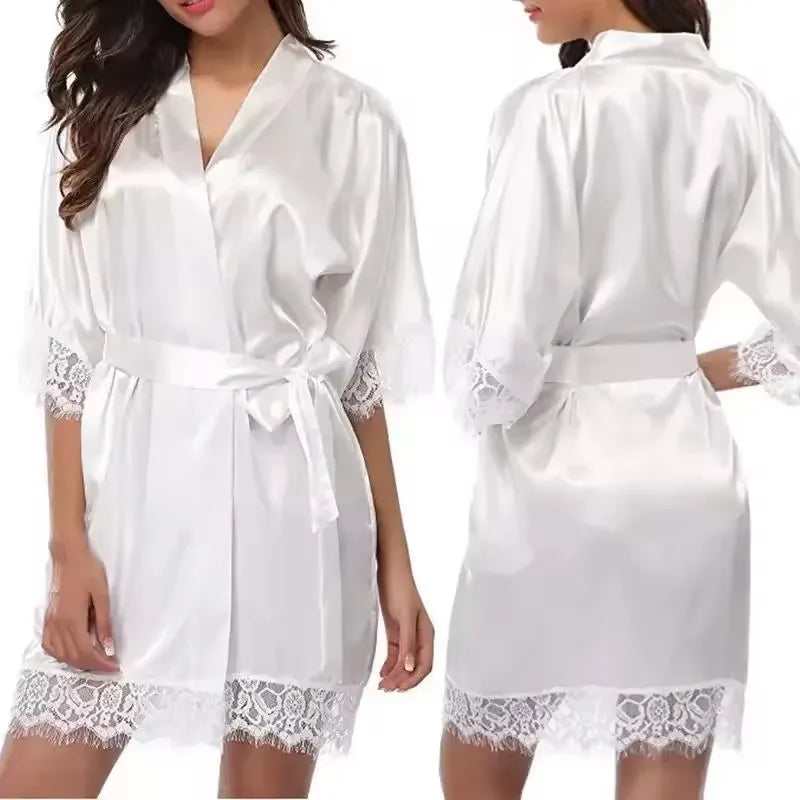Sexy Wedding Dressing Gown Women Short Satin Bride Robe Lace Silk Kimono Bathrobe Summer Bridesmaid Nightwear Plus Size Peignoir