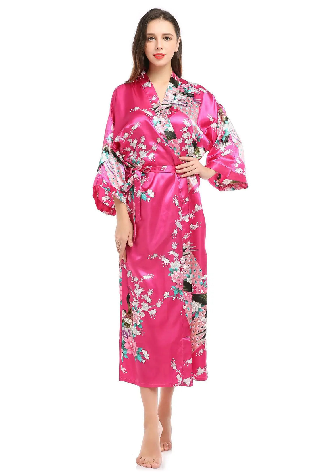 Womens Silk Satin Kimono Robes Long Sleepwear Dressing Gown Floral Peacock Printed Pattern Party Wedding Bridesmaid Bathrobe