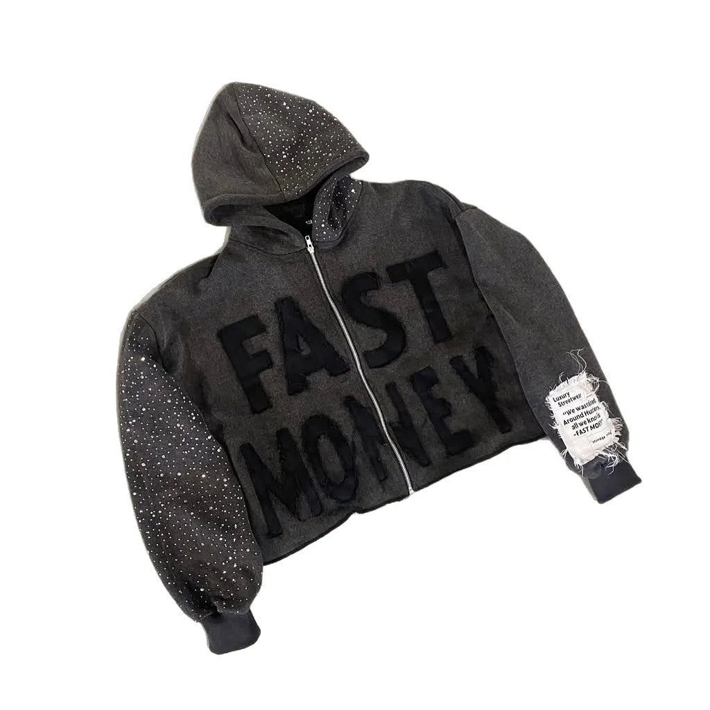 Oversized Washed Grey Rhinestone Sleeve Hoodie Zip up Jacket with Flocked Patch Letter Back Star Frayed Tag Y2K Streetwear