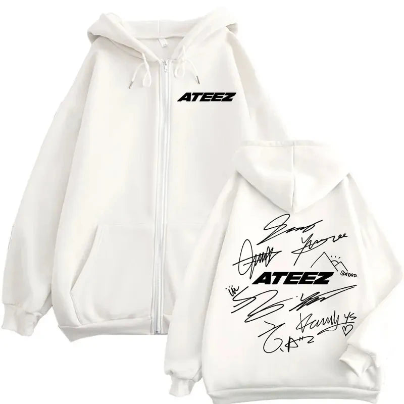 Limited Kpop ATEEZ Logo Double Sided Print Zipper Hoodie Fashion Hip Hop Zip Up Sweatshirts Men Women Casual Oversized Pullovers