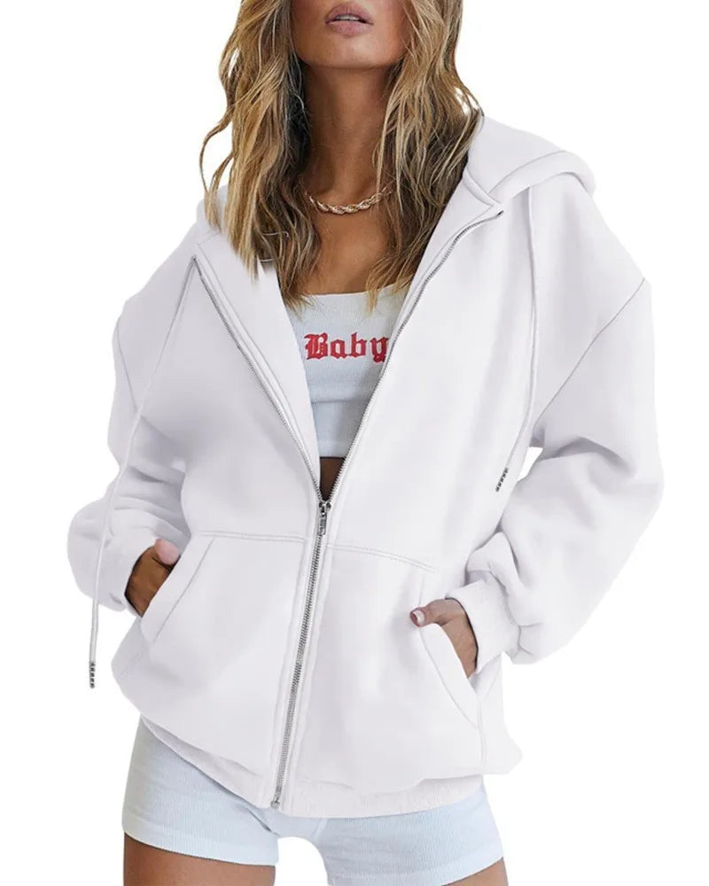 Women's Zipper Hoodie New Sweatshirt Loose Zipper Style Top Women Hooded Jacket Sweatshirt Casual Drawstring Hoodie With Pocket