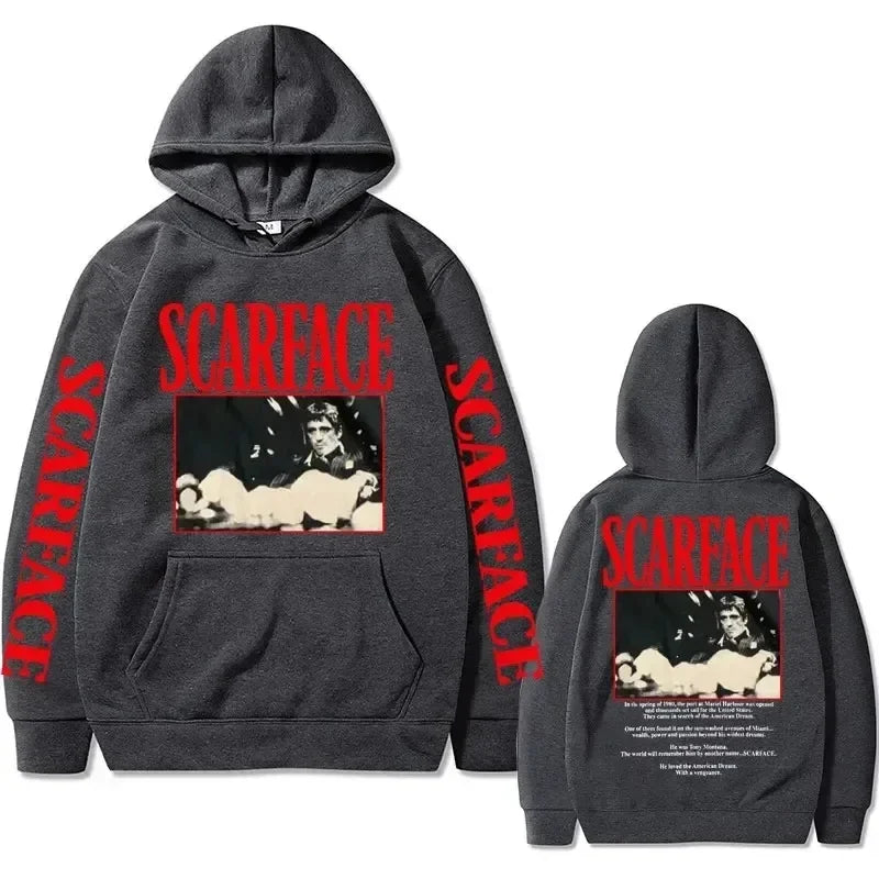 Retro 90s movie Scarface star Tony Montana hoodie, street American retro trend pullover, hip-hop fashion, oversized sportswear