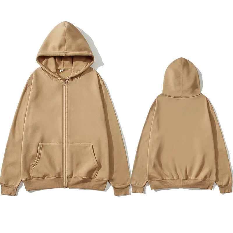 Oversized Unisex Hoodie, Solid Color Zip Up Jacket, Casual Street Trendy Plain Hooded Sweatshirt