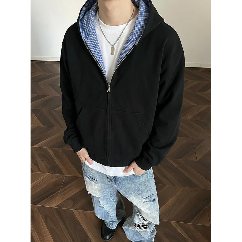 Retro Varsity Men's Layered Zip Up Hoodie Checked Lining Relaxed Fit Streetwear Jacket Hip-hop Unisex Hoodies
