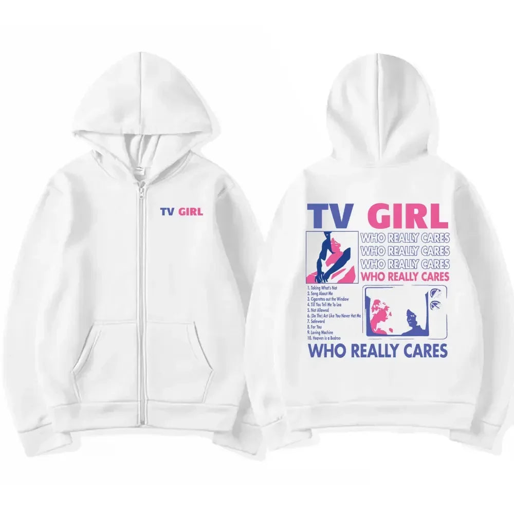 TV Girl Who Really Cares Print Zip Up Hoodie Unisex Oversized Black Streetwear Jacket