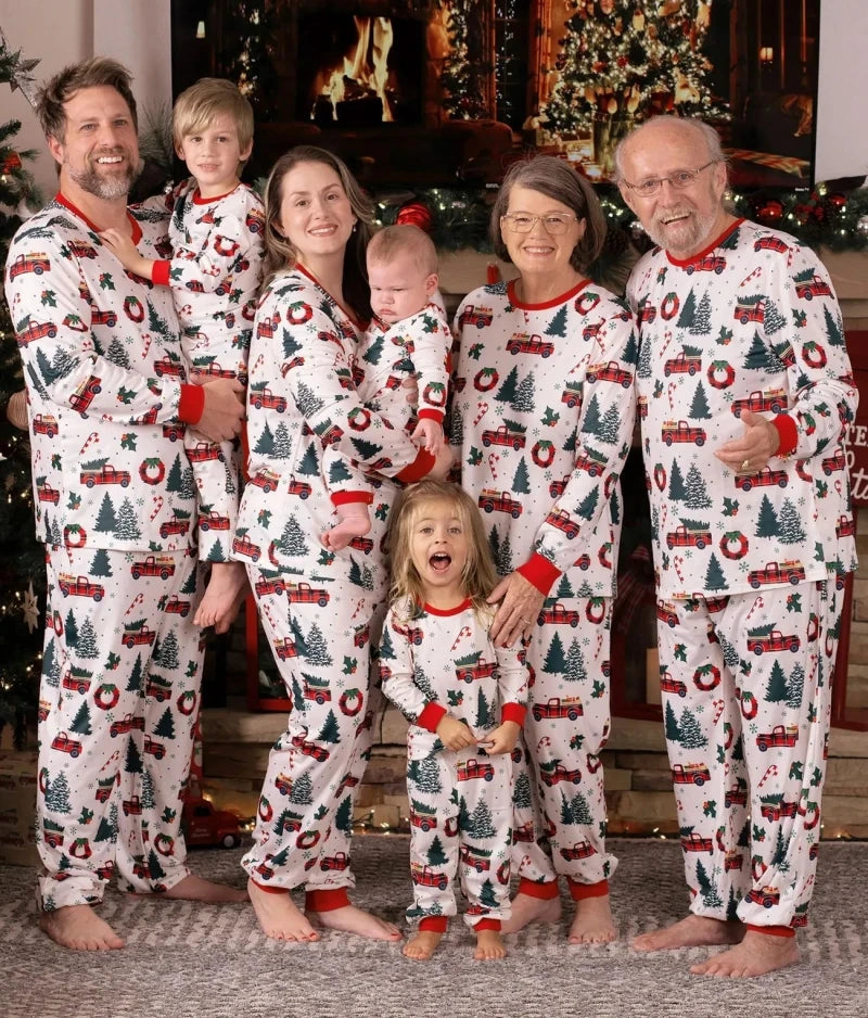 New Christmas Tree Car Print Family Matching Outfits Parent-child Pajamas Set Loose Cute 2 Pieces Suit Loungewear Xmas Look