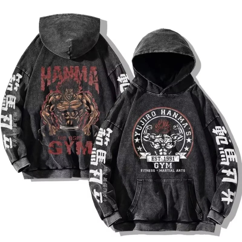 Baki Hanma Anime Print Hooded Men Women Vintage Trendy Hoodies Plus Size Washed Cotton Sweatshirt Harajuku Unisex Streetwear