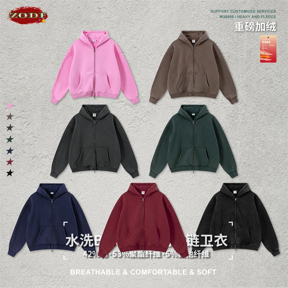 ZODF Retro Washed Man Boxy Fit 400gsm Fleece Zipper Hoodie Unisex Distressed Loose Warm Hooded Coat Jacket Brand Outwears HY1184