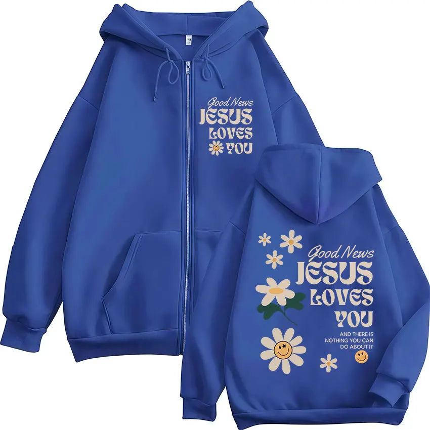 Good News Jesus Loves You Christian Zipper Hoodies Men Women Clothing Fashion Sweat Zip Up Sweatshirts Oversized Pullover Jacket