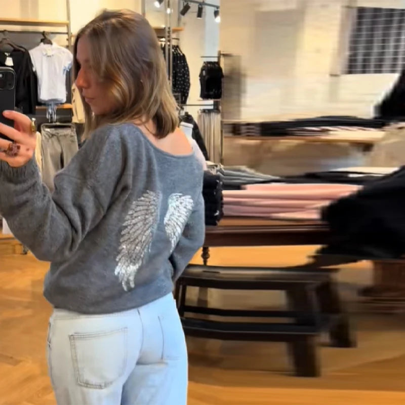 Sequin Angel's Wings Hoodies Women Chic Loose Long Sleeve Pullovers Top Slim Yoga Pant Set 2025 New Casual Lady Two Piece Sets
