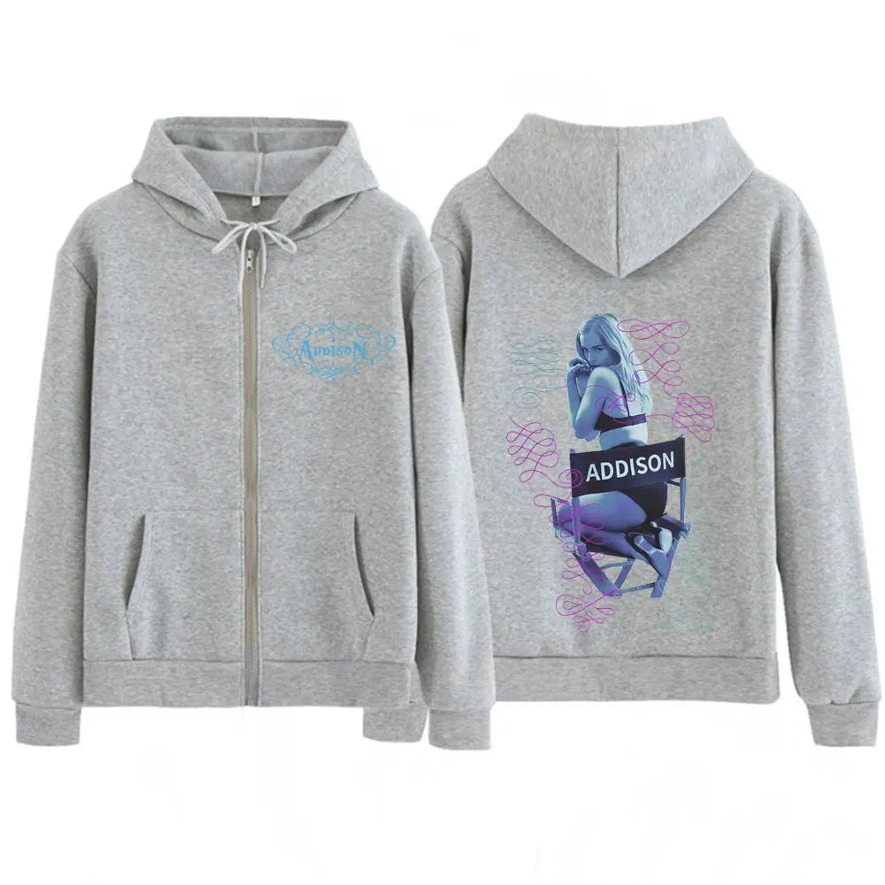 Addison Rae Double-sided Print Vintage Zipper Hoodies Men Women Oversized Fashion  Long Sleeve Aesthetics Zip Up Sweatshirts Top