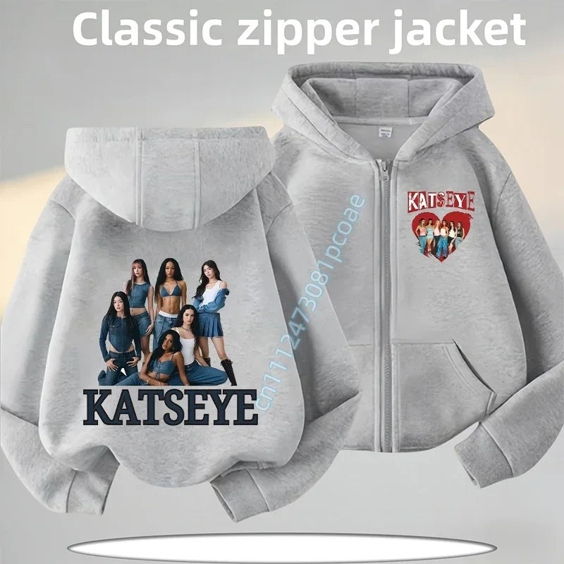 KATSEYE Children's Zippered Pullover Hoodie Boys' Sport Shirt Girls' Casual Top Cartoon Print 2026 New Fall/Winter Coat