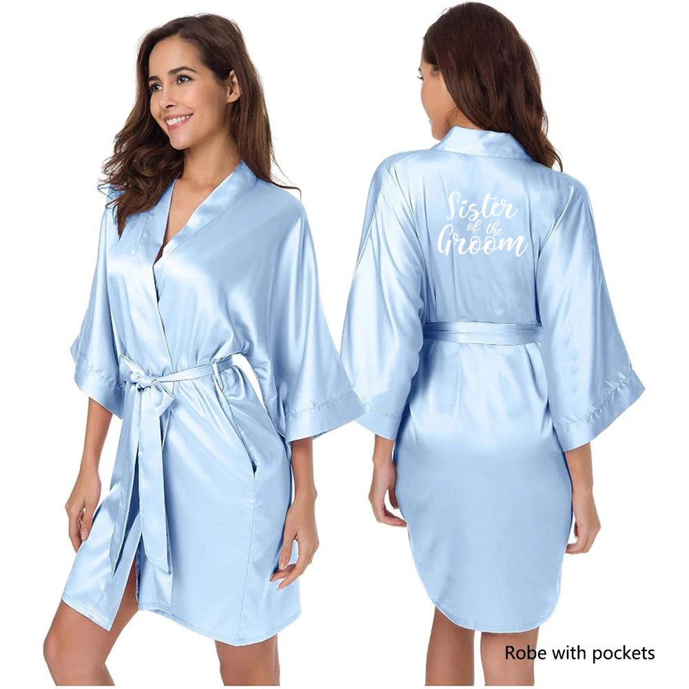 Light Blue Women's Satin Robe Short Kimono for Bride & Bridesmaid With White Letter, Wedding Party Robes